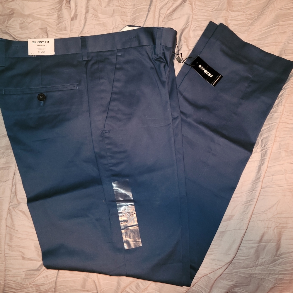 Express 31x32 Men's Blue Slim Fit Flat Front